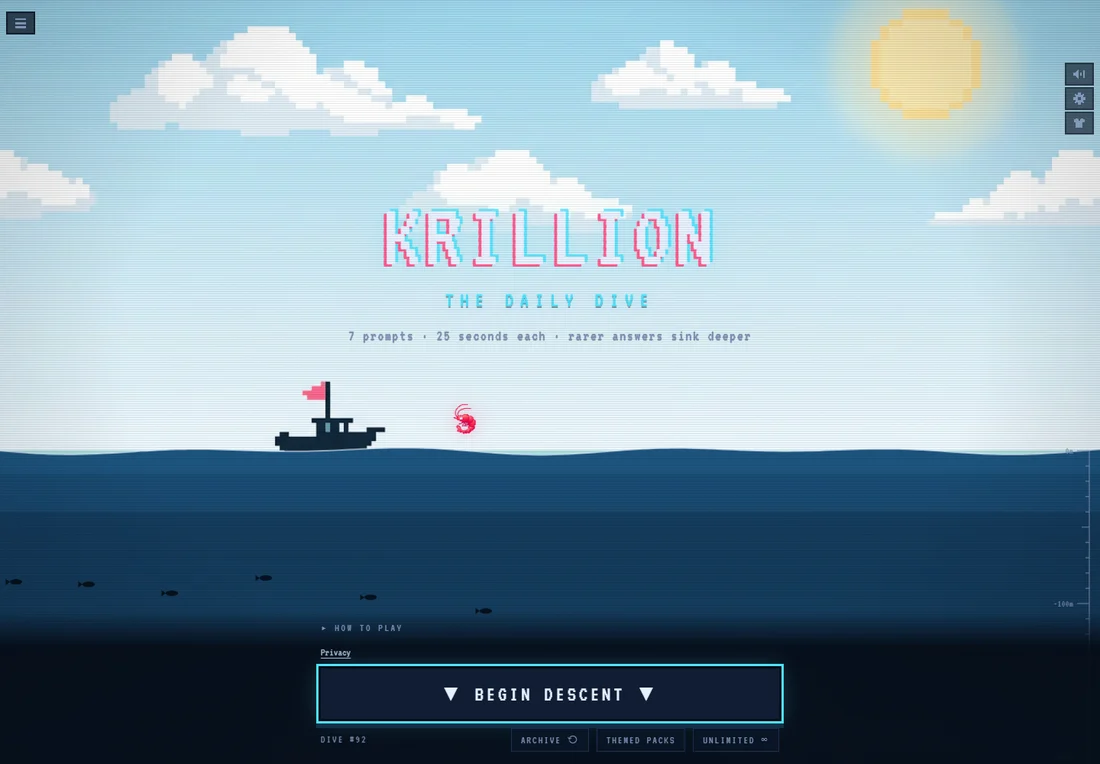Real Krillion Daily Dive start screen with the daily mode title and links to Archive, Themed Packs and Unlimited
