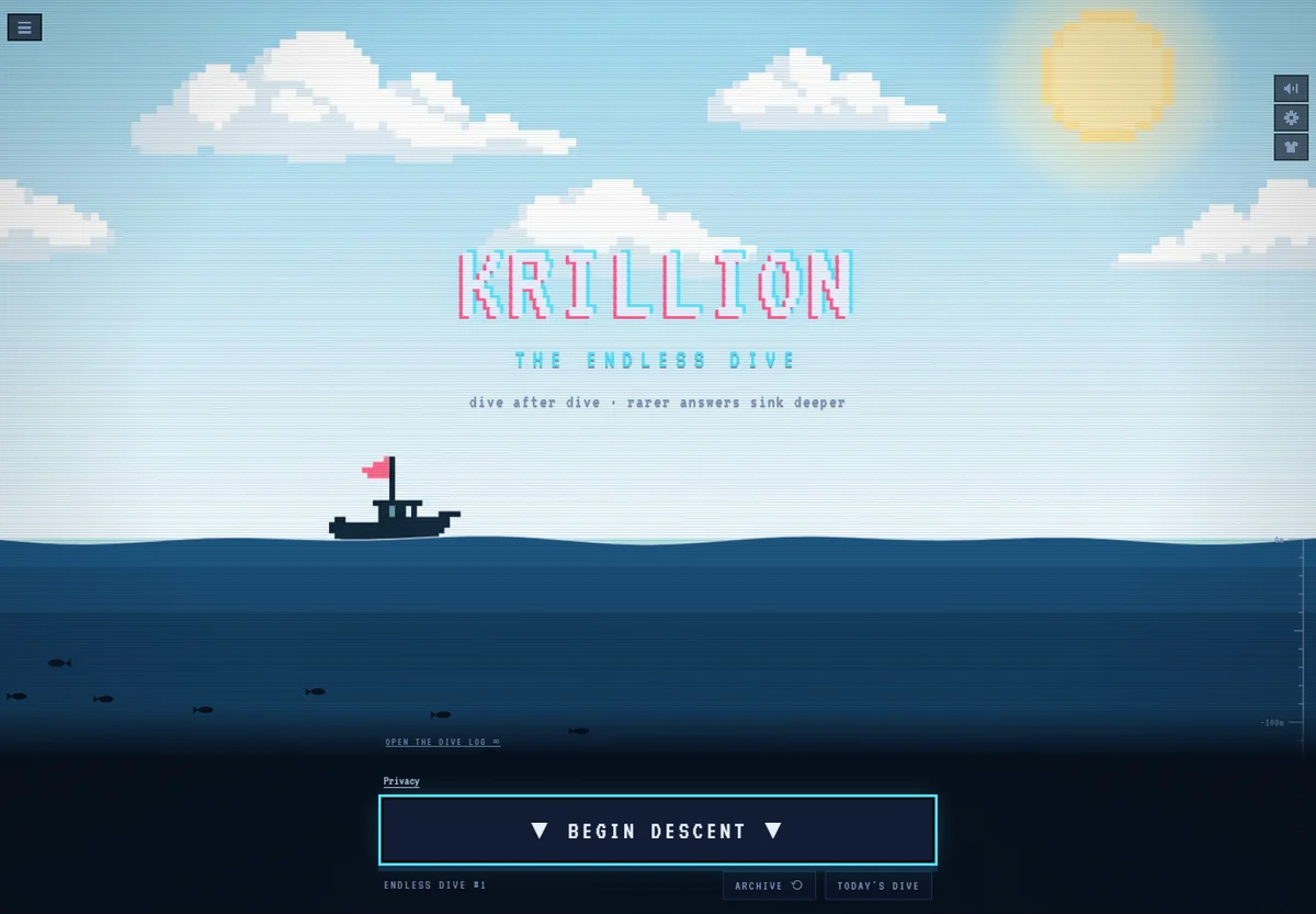 Actual Krillion Endless Dive start screen, with pixel-art clouds, a boat, the ocean and Begin Descent button