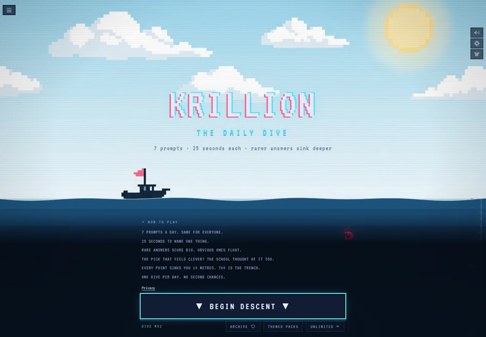 Actual Krillion Daily Dive instructions showing seven prompts, a 25-second timer and the points-to-depth rule